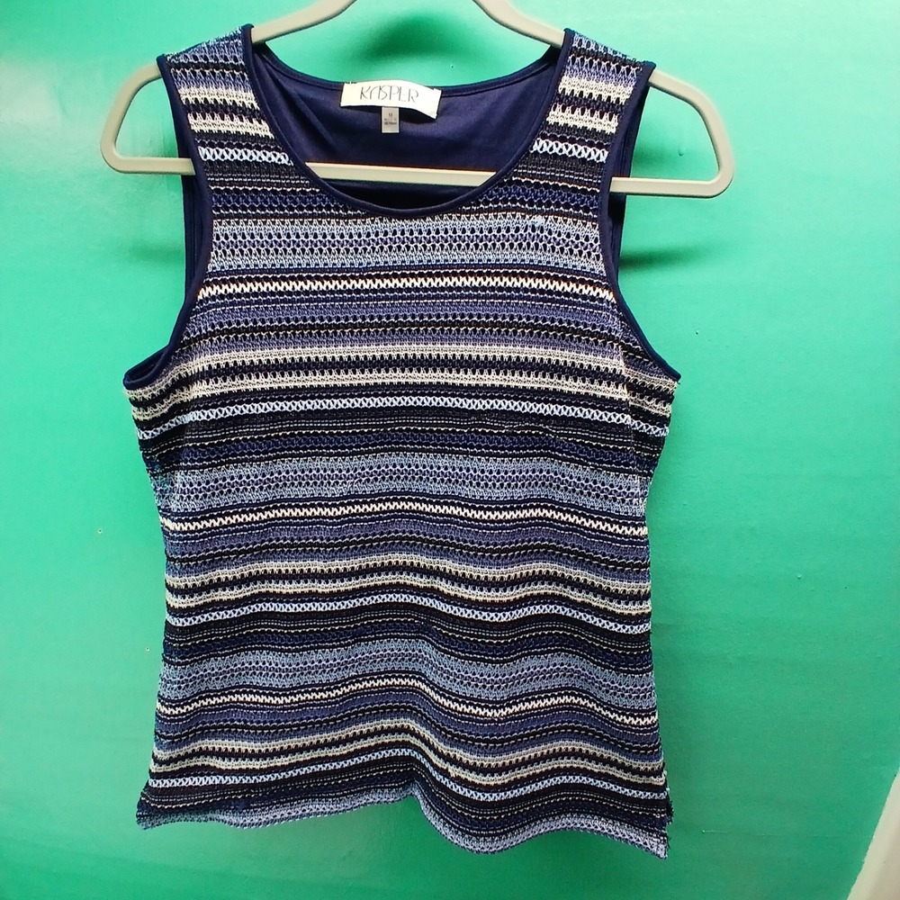 Kasper Sleeveless Knit Top M Blue Striped Crochet Textured Career Shell